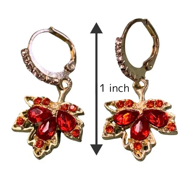 Autumn Leaves Small Earrings Gold Tone and Red - Picture 4 of 4